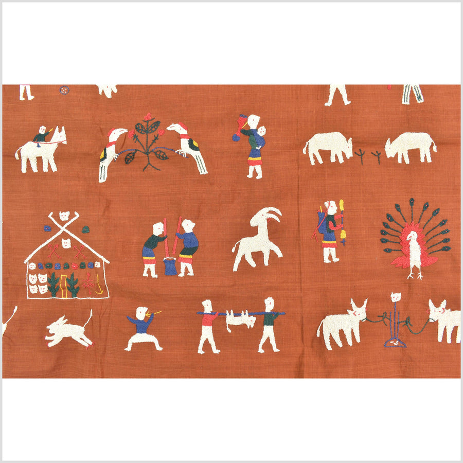 Saffron orange cotton story quilt Naga tribal textile ethnic embroidered boho fabric Burma hill tribe tapestry Thai India Hmong MP65