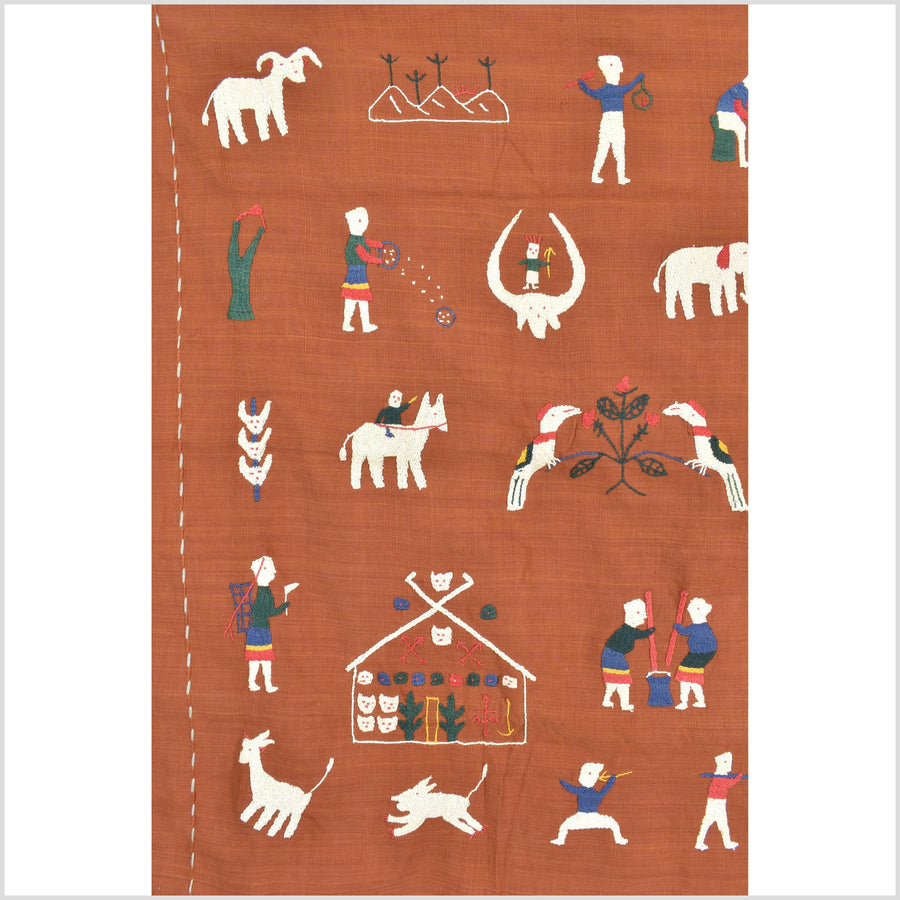 Saffron orange cotton story quilt Naga tribal textile ethnic embroidered boho fabric Burma hill tribe tapestry Thai India Hmong MP65