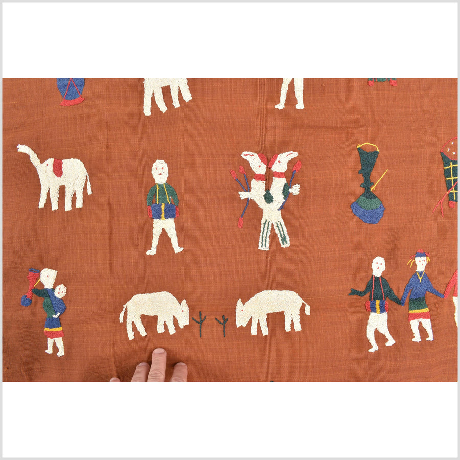 Saffron orange cotton story quilt Naga tribal textile ethnic embroidered boho fabric Burma hill tribe tapestry Thai India Hmong MP65