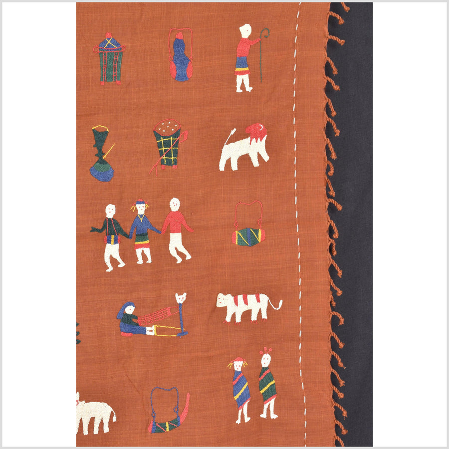 Saffron orange cotton story quilt Naga tribal textile ethnic embroidered boho fabric Burma hill tribe tapestry Thai India Hmong MP65