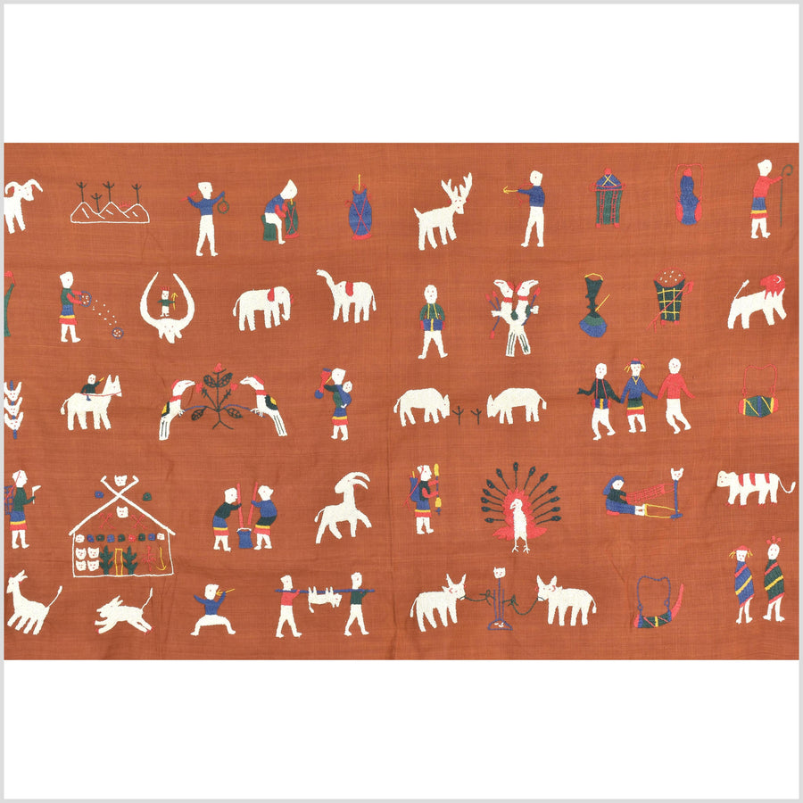 Saffron orange cotton story quilt Naga tribal textile ethnic embroidered boho fabric Burma hill tribe tapestry Thai India Hmong MP65