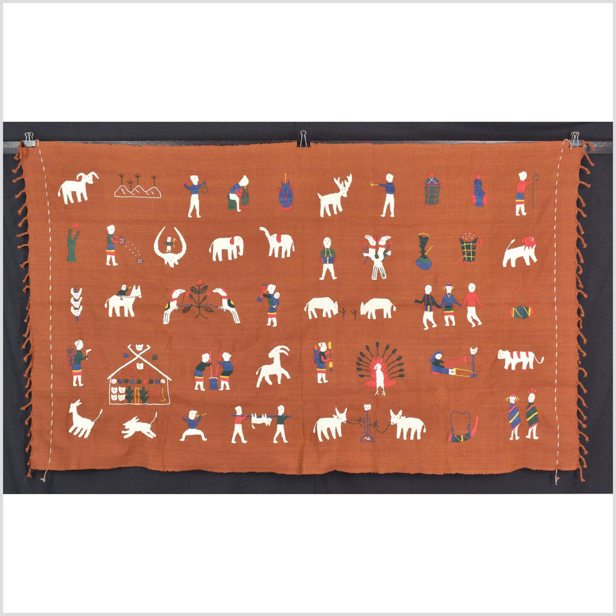 Saffron orange cotton story quilt Naga tribal textile ethnic embroidered boho fabric Burma hill tribe tapestry Thai India Hmong MP65