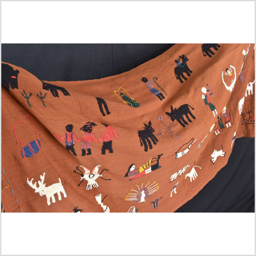 Saffron orange cotton story quilt Naga tribal textile ethnic embroidered boho fabric Burma hill tribe tapestry Thai India Hmong MP66