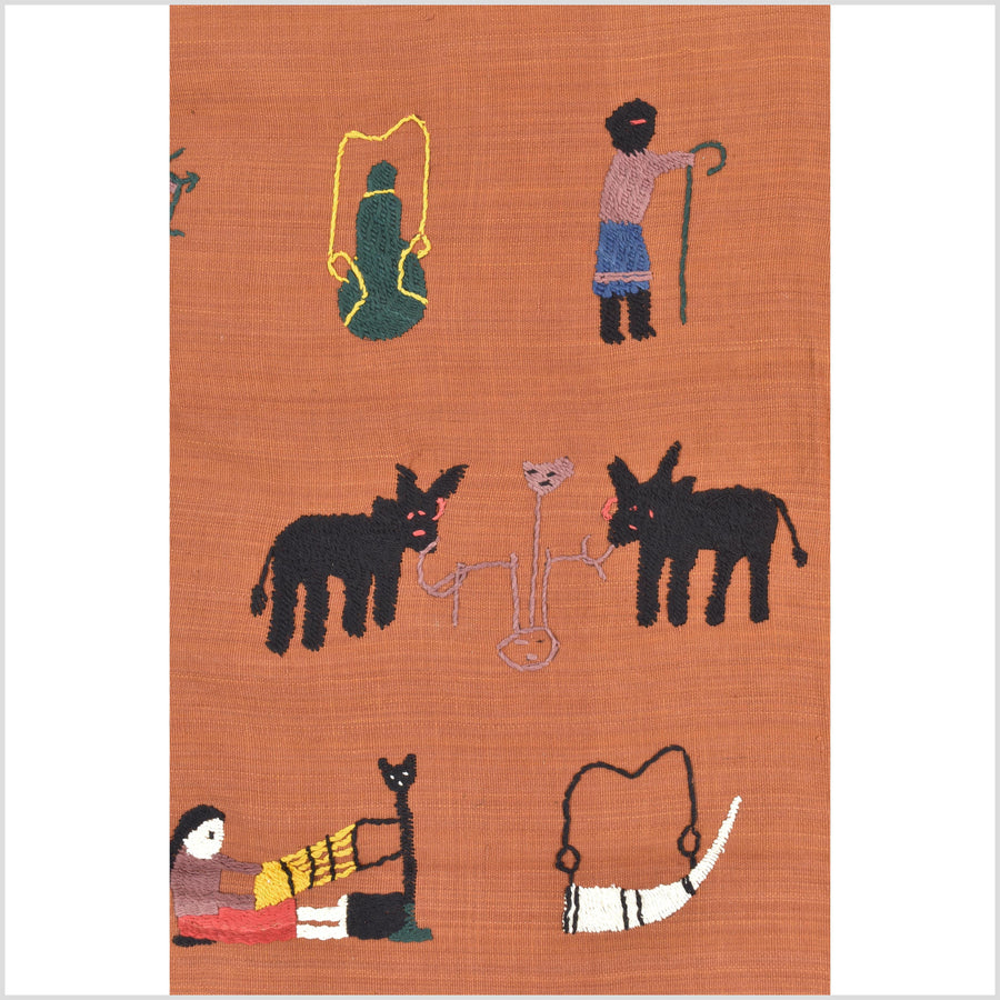 Saffron orange cotton story quilt Naga tribal textile ethnic embroidered boho fabric Burma hill tribe tapestry Thai India Hmong MP66