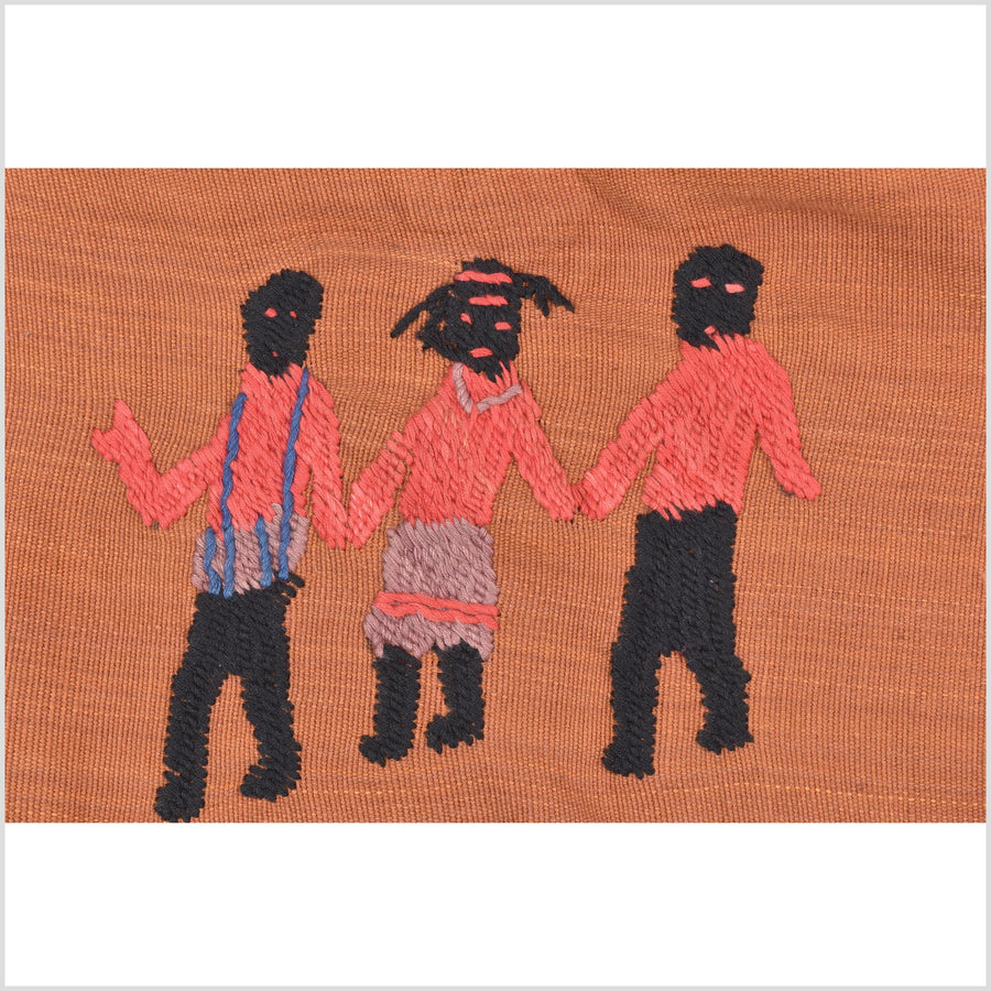 Saffron orange cotton story quilt Naga tribal textile ethnic embroidered boho fabric Burma hill tribe tapestry Thai India Hmong MP66