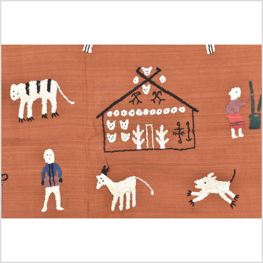 Saffron orange cotton story quilt Naga tribal textile ethnic embroidered boho fabric Burma hill tribe tapestry Thai India Hmong MP66