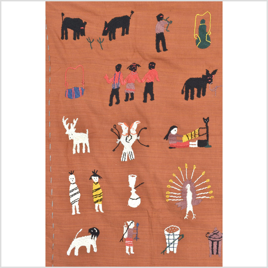 Saffron orange cotton story quilt Naga tribal textile ethnic embroidered boho fabric Burma hill tribe tapestry Thai India Hmong MP66