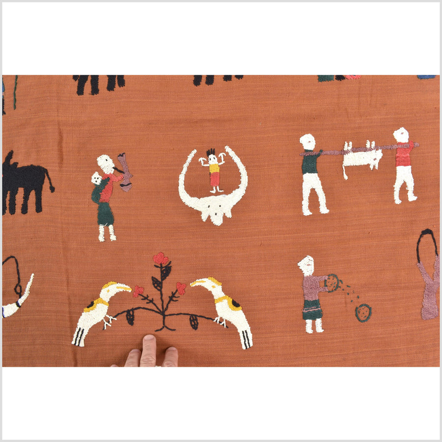 Saffron orange cotton story quilt Naga tribal textile ethnic embroidered boho fabric Burma hill tribe tapestry Thai India Hmong MP66