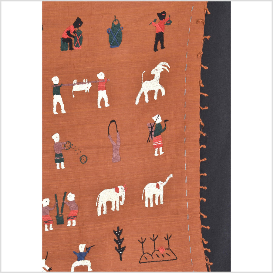 Saffron orange cotton story quilt Naga tribal textile ethnic embroidered boho fabric Burma hill tribe tapestry Thai India Hmong MP66