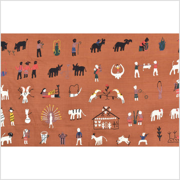 Saffron orange cotton story quilt Naga tribal textile ethnic embroidered boho fabric Burma hill tribe tapestry Thai India Hmong MP66