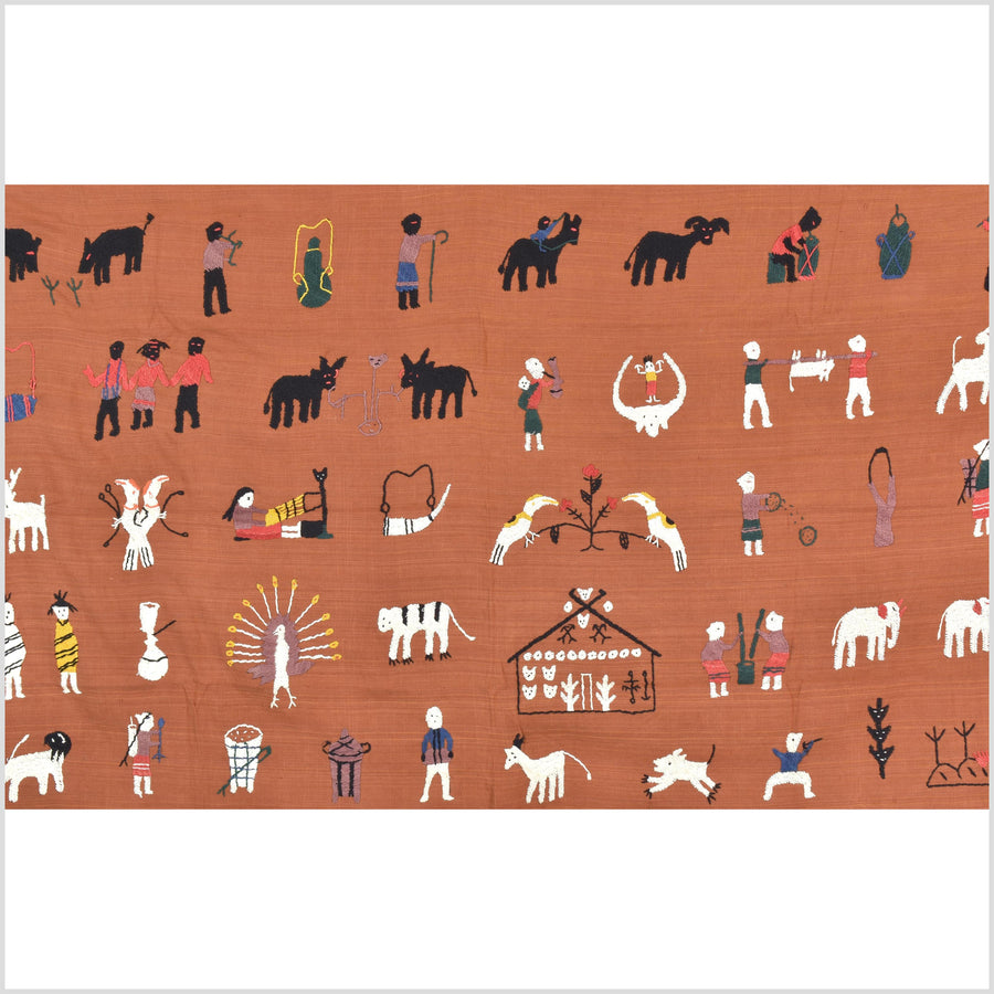 Saffron orange cotton story quilt Naga tribal textile ethnic embroidered boho fabric Burma hill tribe tapestry Thai India Hmong MP66