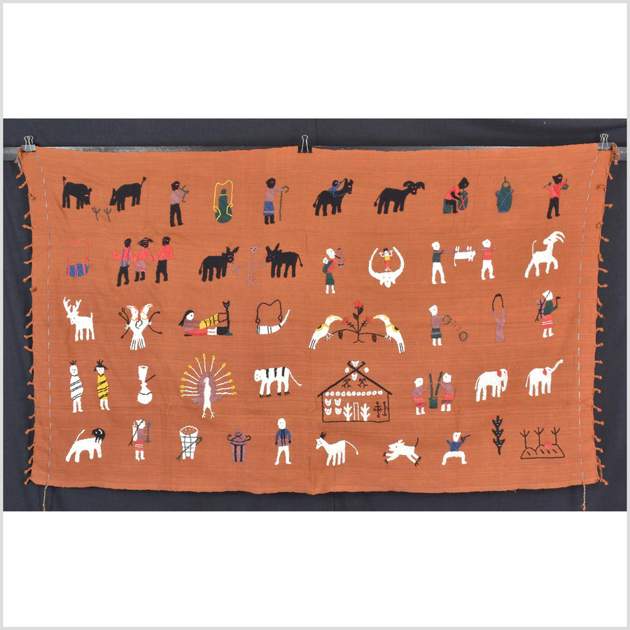 Saffron orange cotton story quilt Naga tribal textile ethnic embroidered boho fabric Burma hill tribe tapestry Thai India Hmong MP66