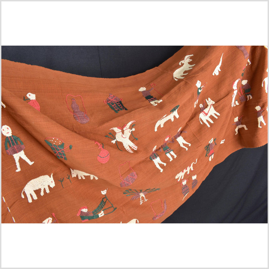 Saffron orange cotton story quilt Naga tribal textile ethnic embroidered boho fabric Burma hill tribe tapestry Thai India Hmong MP67