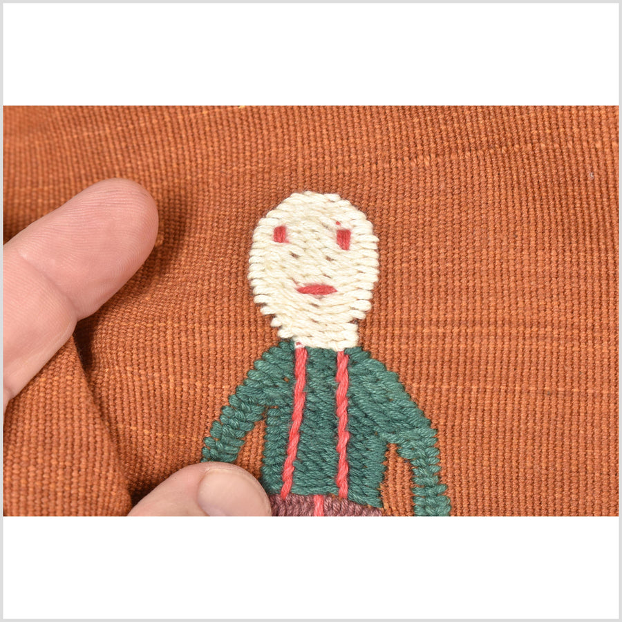 Saffron orange cotton story quilt Naga tribal textile ethnic embroidered boho fabric Burma hill tribe tapestry Thai India Hmong MP67