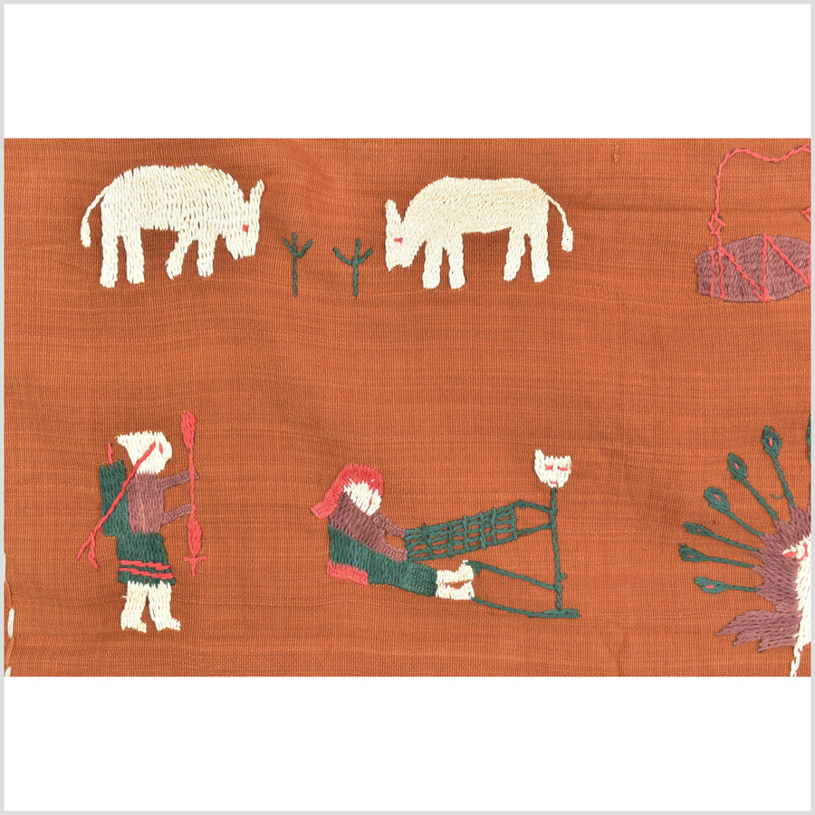 Saffron orange cotton story quilt Naga tribal textile ethnic embroidered boho fabric Burma hill tribe tapestry Thai India Hmong MP67