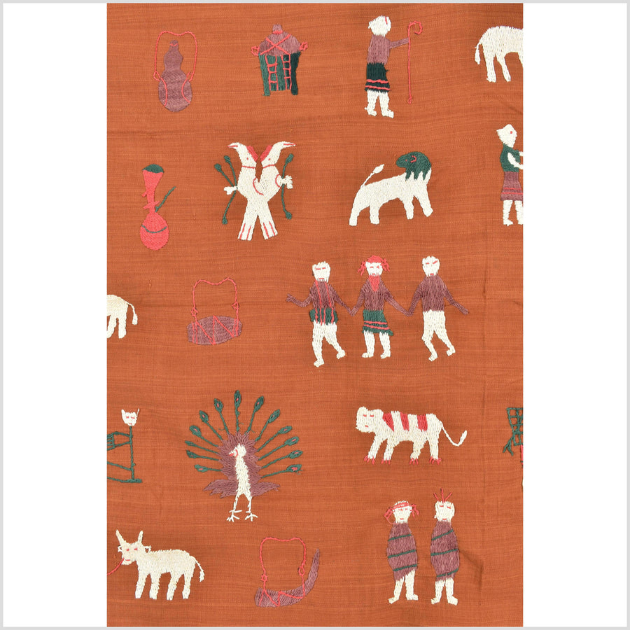 Saffron orange cotton story quilt Naga tribal textile ethnic embroidered boho fabric Burma hill tribe tapestry Thai India Hmong MP67