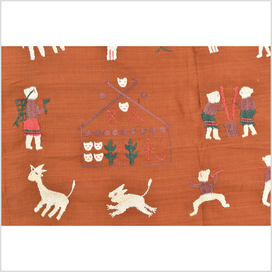 Saffron orange cotton story quilt Naga tribal textile ethnic embroidered boho fabric Burma hill tribe tapestry Thai India Hmong MP67