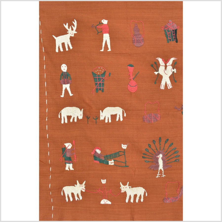 Saffron orange cotton story quilt Naga tribal textile ethnic embroidered boho fabric Burma hill tribe tapestry Thai India Hmong MP67