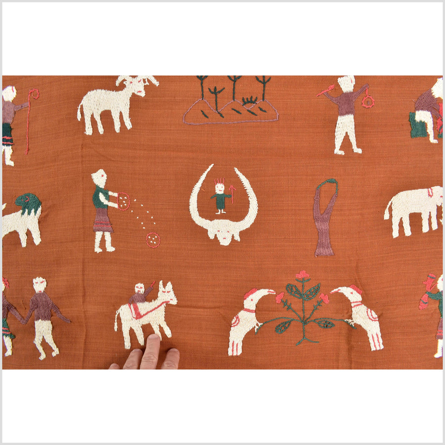 Saffron orange cotton story quilt Naga tribal textile ethnic embroidered boho fabric Burma hill tribe tapestry Thai India Hmong MP67