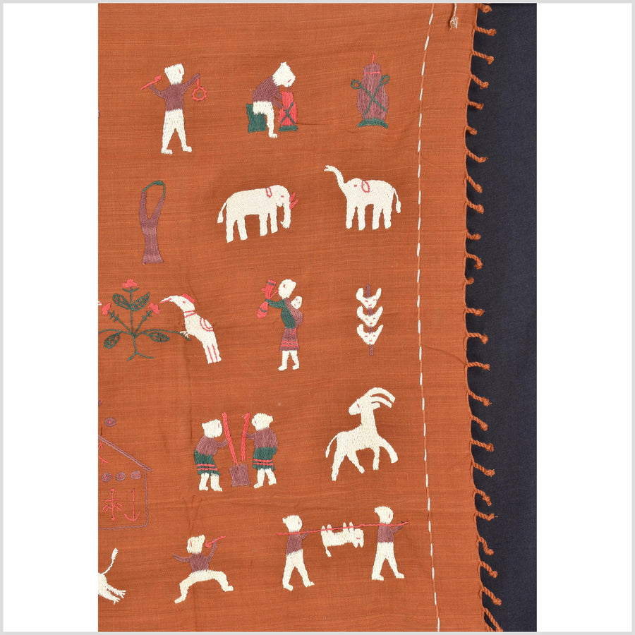 Saffron orange cotton story quilt Naga tribal textile ethnic embroidered boho fabric Burma hill tribe tapestry Thai India Hmong MP67