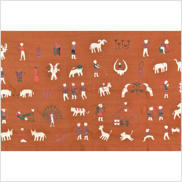 Saffron orange cotton story quilt Naga tribal textile ethnic embroidered boho fabric Burma hill tribe tapestry Thai India Hmong MP67