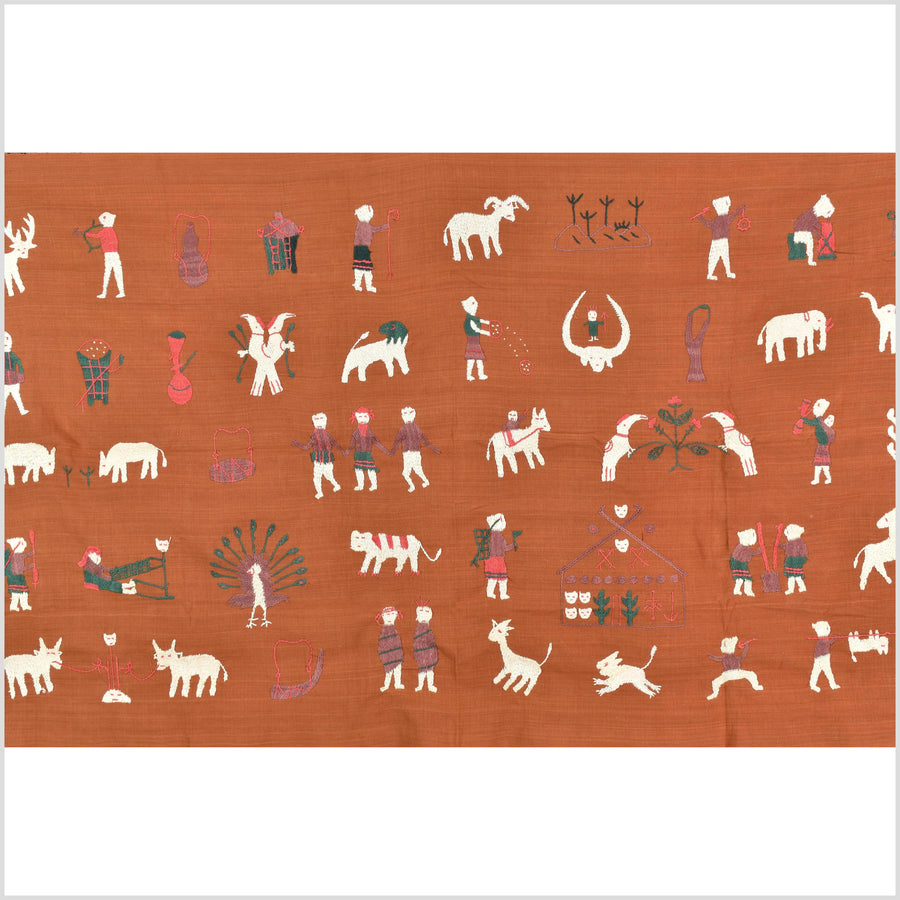 Saffron orange cotton story quilt Naga tribal textile ethnic embroidered boho fabric Burma hill tribe tapestry Thai India Hmong MP67