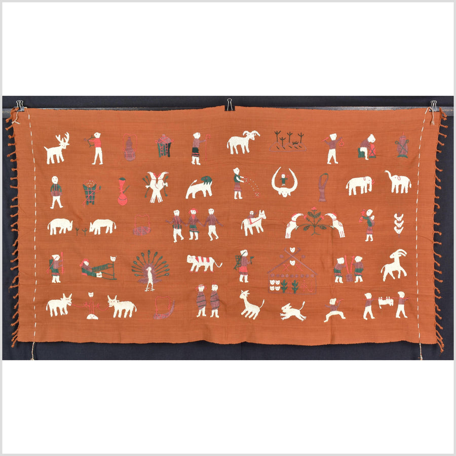 Saffron orange cotton story quilt Naga tribal textile ethnic embroidered boho fabric Burma hill tribe tapestry Thai India Hmong MP67