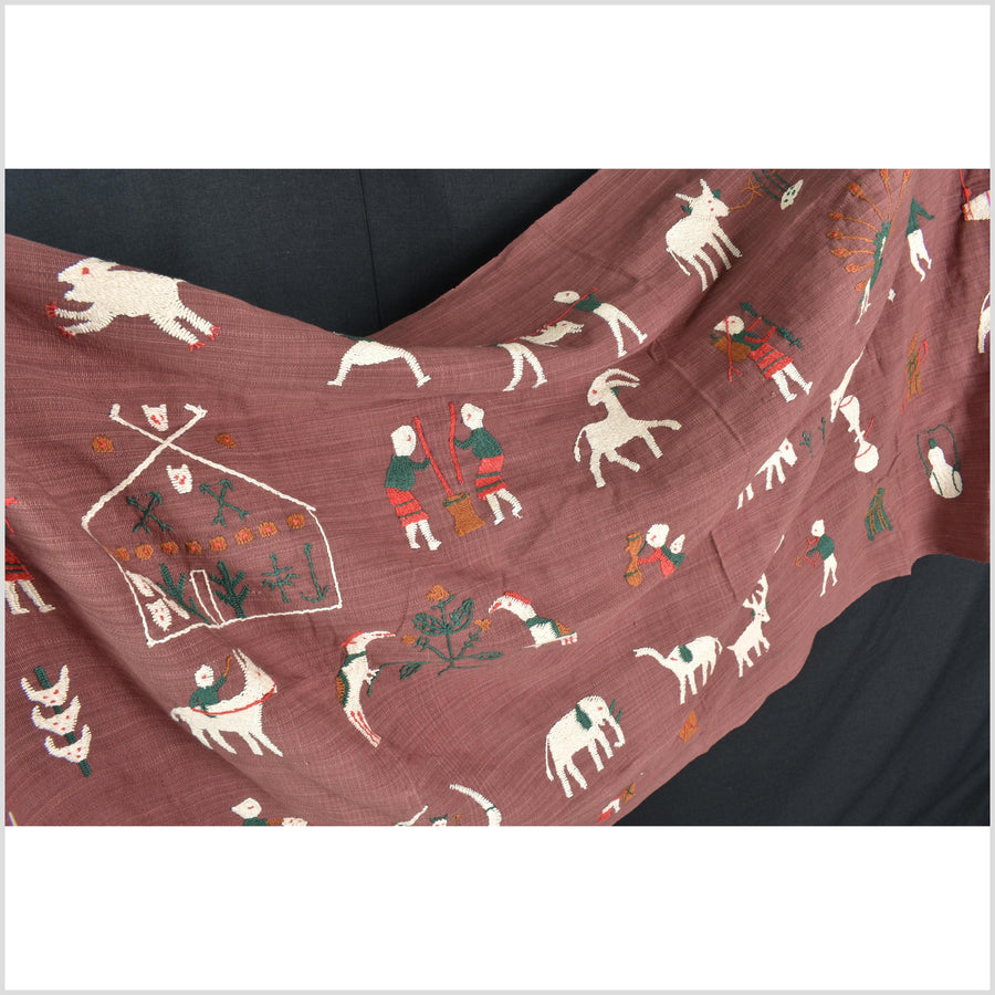 Plum brown cotton story quilt Naga tribal textile ethnic embroidered boho fabric Burma hill tribe tapestry Thailand India Hmong MP68