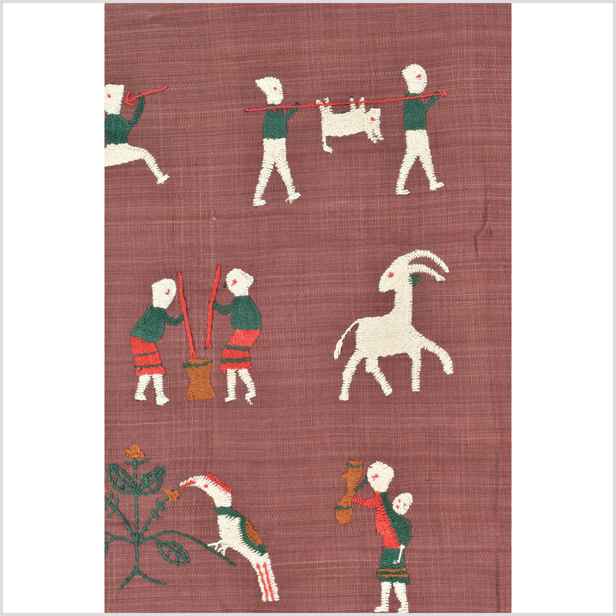 Plum brown cotton story quilt Naga tribal textile ethnic embroidered boho fabric Burma hill tribe tapestry Thailand India Hmong MP68