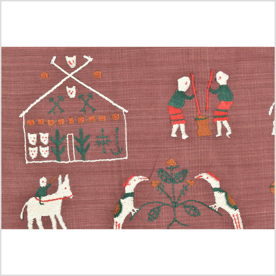 Plum brown cotton story quilt Naga tribal textile ethnic embroidered boho fabric Burma hill tribe tapestry Thailand India Hmong MP68