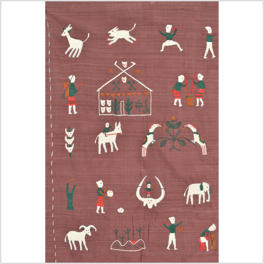 Plum brown cotton story quilt Naga tribal textile ethnic embroidered boho fabric Burma hill tribe tapestry Thailand India Hmong MP68