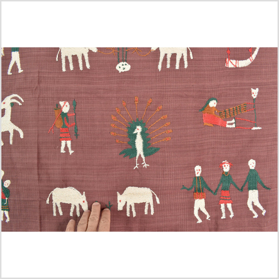 Plum brown cotton story quilt Naga tribal textile ethnic embroidered boho fabric Burma hill tribe tapestry Thailand India Hmong MP68