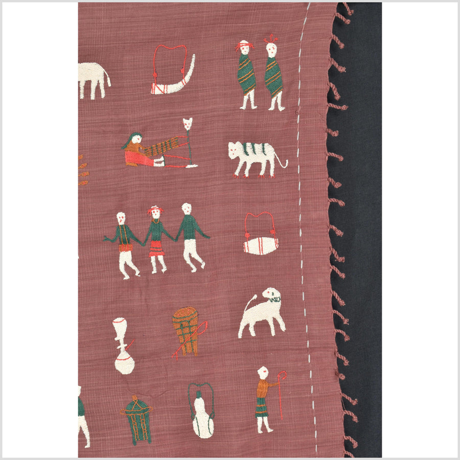 Plum brown cotton story quilt Naga tribal textile ethnic embroidered boho fabric Burma hill tribe tapestry Thailand India Hmong MP68