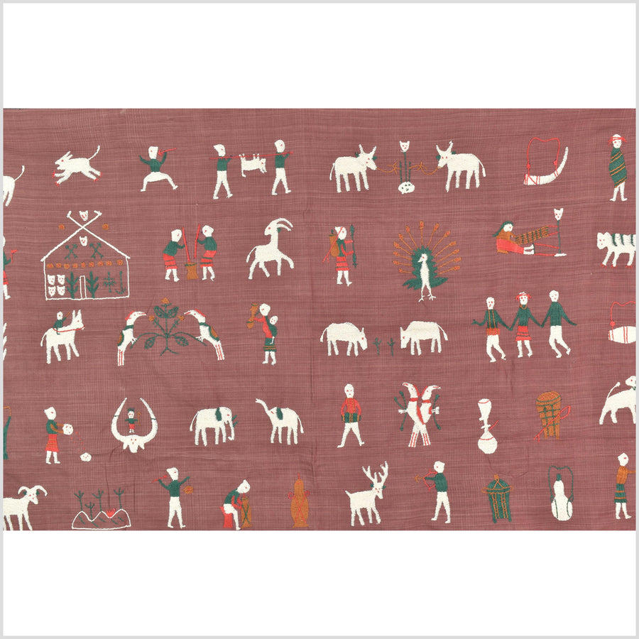 Plum brown cotton story quilt Naga tribal textile ethnic embroidered boho fabric Burma hill tribe tapestry Thailand India Hmong MP68