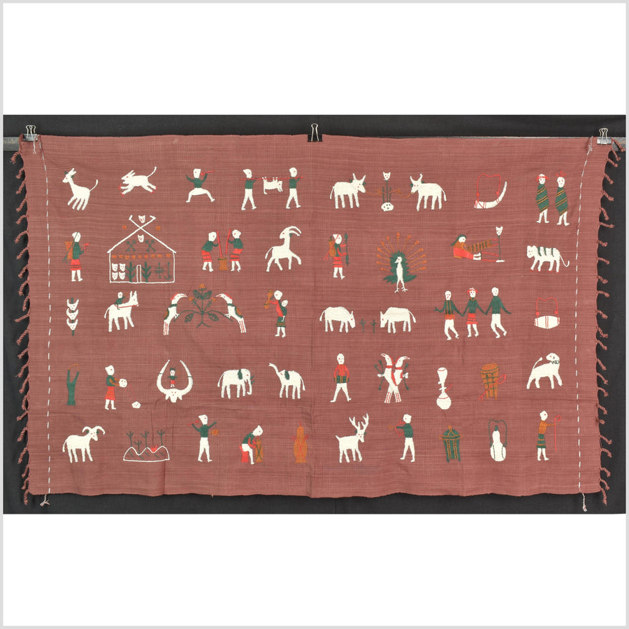 Plum brown cotton story quilt Naga tribal textile ethnic embroidered boho fabric Burma hill tribe tapestry Thailand India Hmong MP68