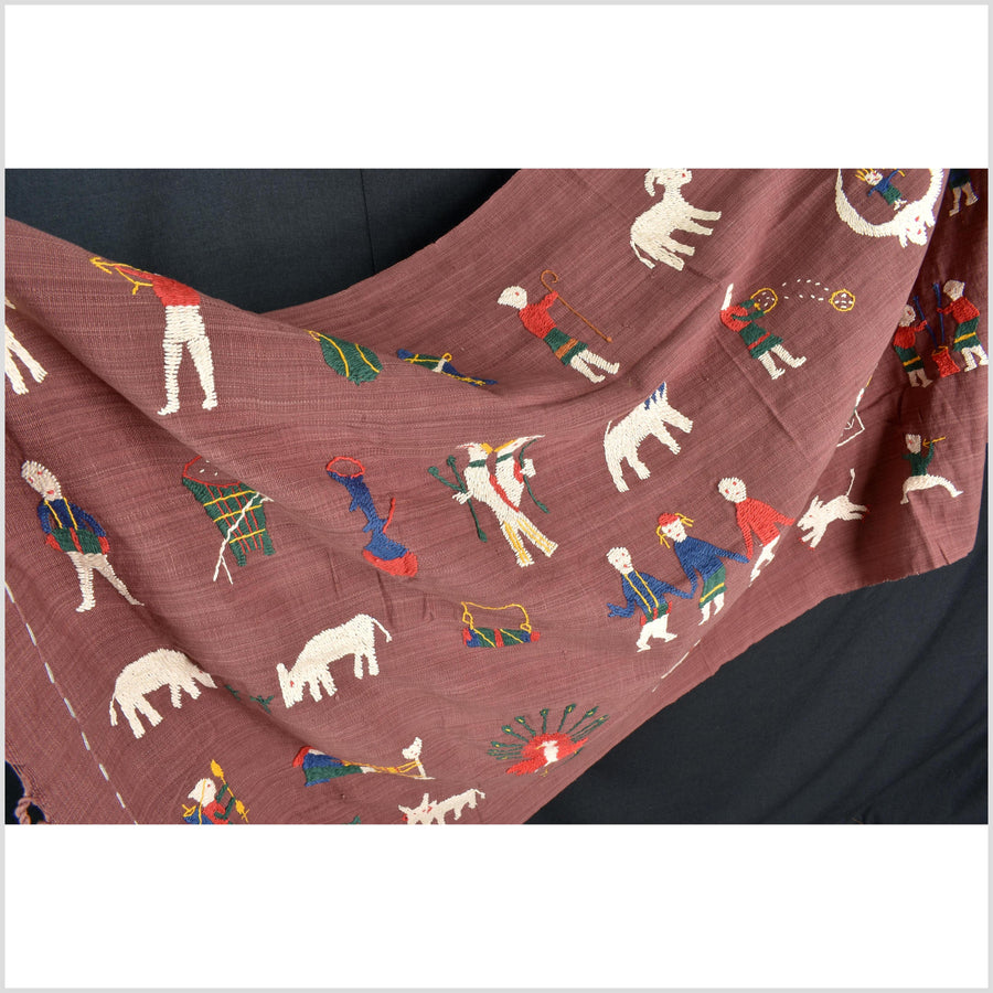 Plum brown cotton story quilt Naga tribal textile ethnic embroidered boho fabric Burma hill tribe tapestry Thailand India Hmong MP69
