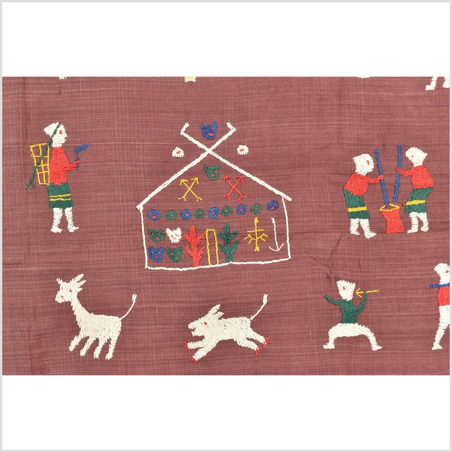 Plum brown cotton story quilt Naga tribal textile ethnic embroidered boho fabric Burma hill tribe tapestry Thailand India Hmong MP69