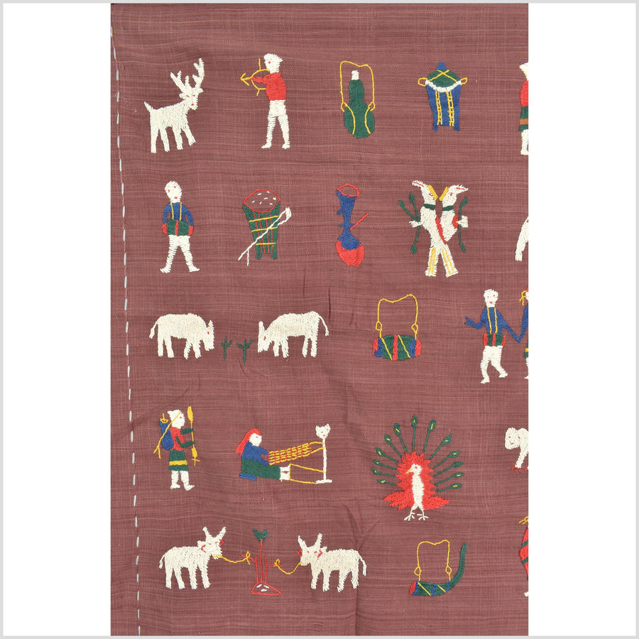 Plum brown cotton story quilt Naga tribal textile ethnic embroidered boho fabric Burma hill tribe tapestry Thailand India Hmong MP69