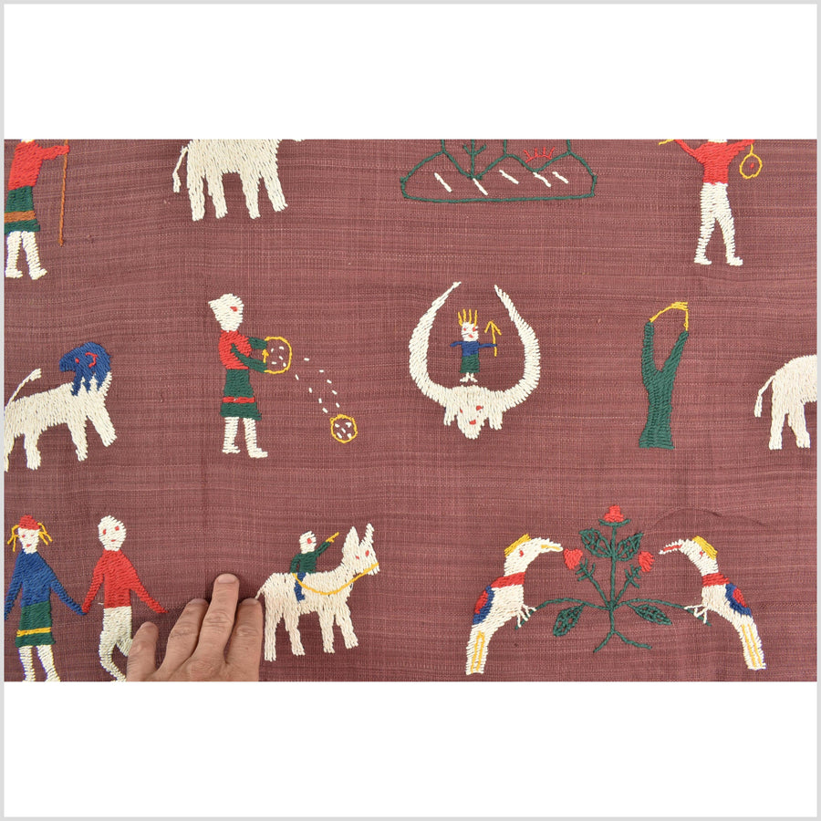 Plum brown cotton story quilt Naga tribal textile ethnic embroidered boho fabric Burma hill tribe tapestry Thailand India Hmong MP69