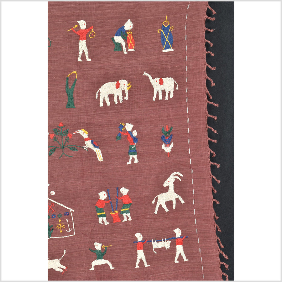 Plum brown cotton story quilt Naga tribal textile ethnic embroidered boho fabric Burma hill tribe tapestry Thailand India Hmong MP69