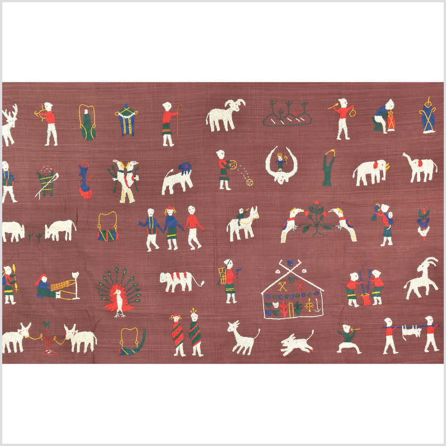 Plum brown cotton story quilt Naga tribal textile ethnic embroidered boho fabric Burma hill tribe tapestry Thailand India Hmong MP69
