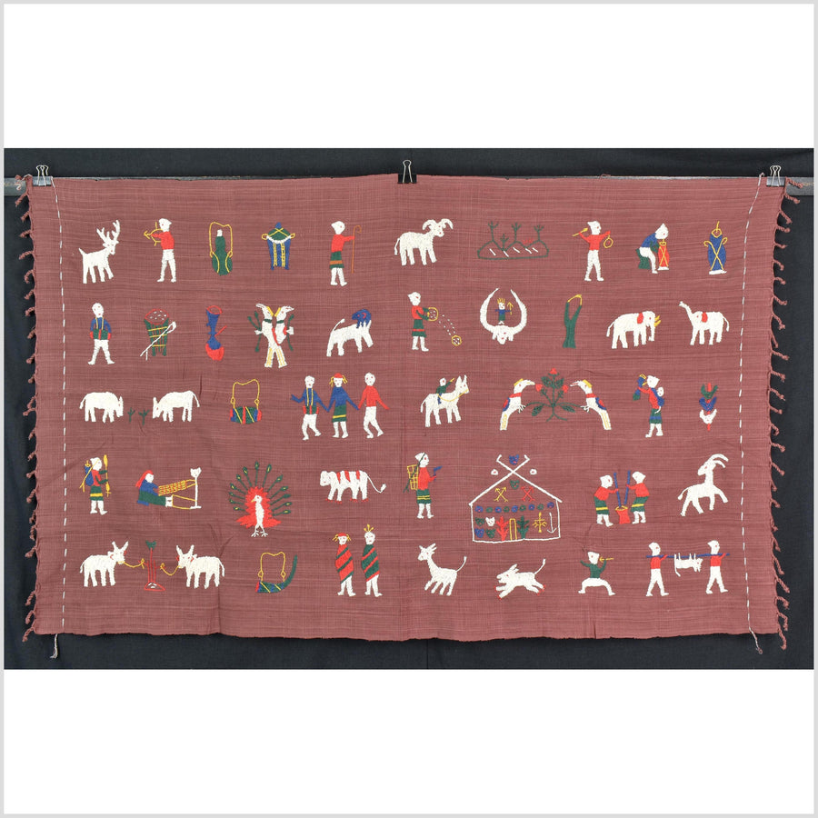 Plum brown cotton story quilt Naga tribal textile ethnic embroidered boho fabric Burma hill tribe tapestry Thailand India Hmong MP69