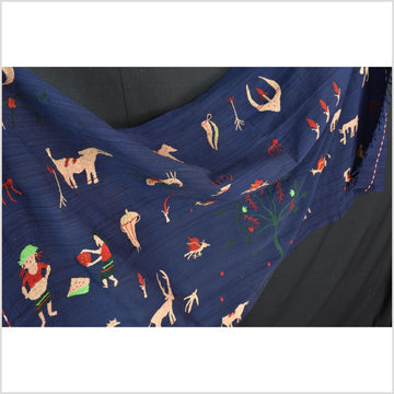 Cobalt blue cotton story quilt Naga tribal textile ethnic embroidered boho fabric Burma hill tribe tapestry Thailand India Hmong MP6