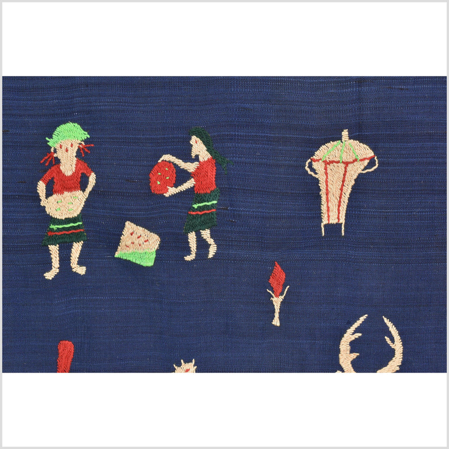 Cobalt blue cotton story quilt Naga tribal textile ethnic embroidered boho fabric Burma hill tribe tapestry Thailand India Hmong MP6
