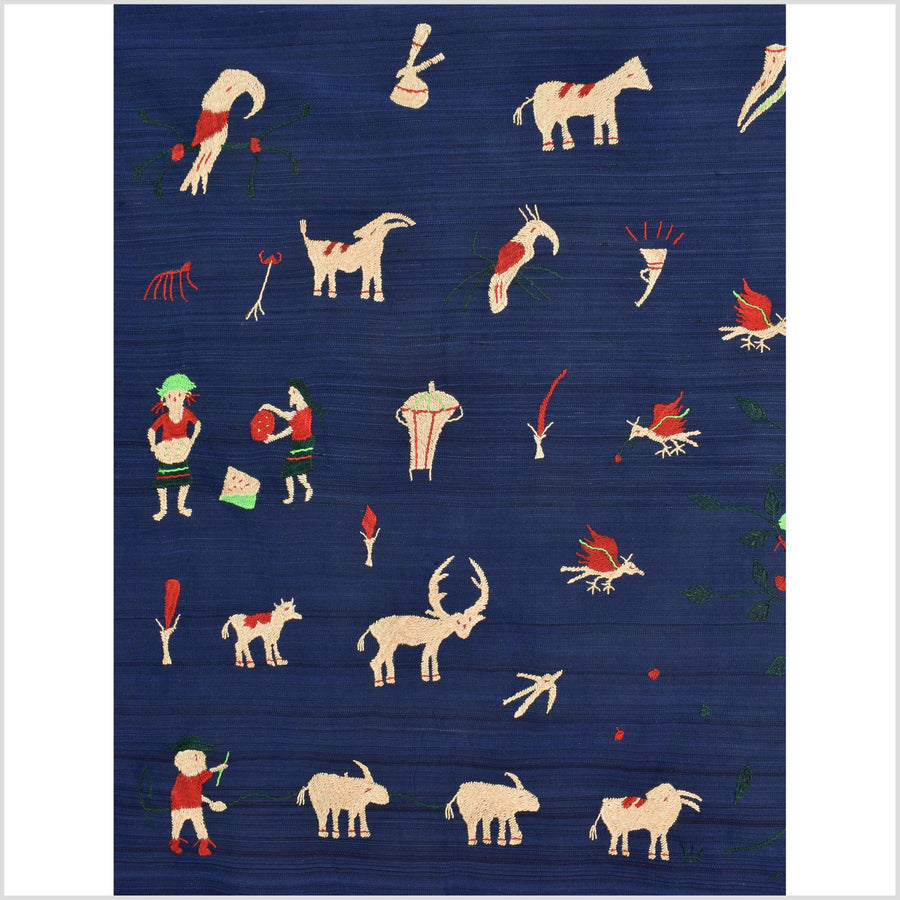 Cobalt blue cotton story quilt Naga tribal textile ethnic embroidered boho fabric Burma hill tribe tapestry Thailand India Hmong MP6
