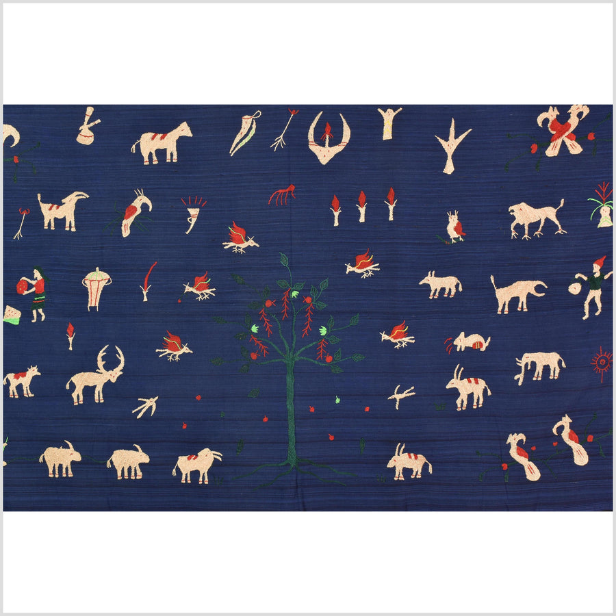 Cobalt blue cotton story quilt Naga tribal textile ethnic embroidered boho fabric Burma hill tribe tapestry Thailand India Hmong MP6