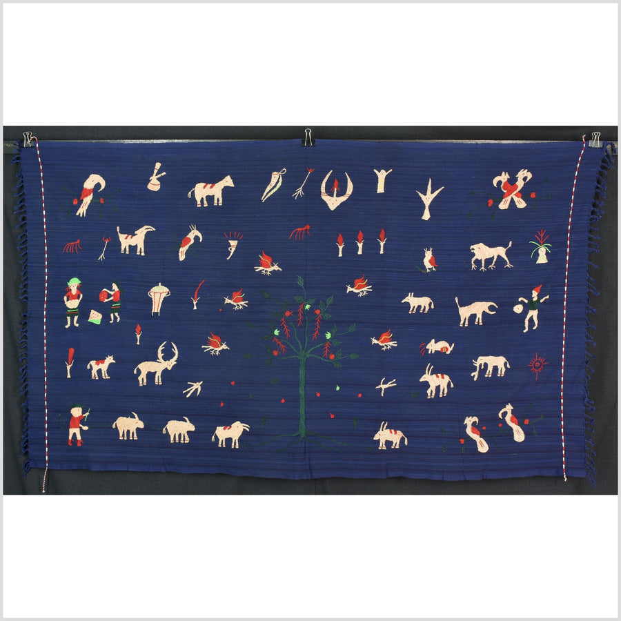 Cobalt blue cotton story quilt Naga tribal textile ethnic embroidered boho fabric Burma hill tribe tapestry Thailand India Hmong MP6
