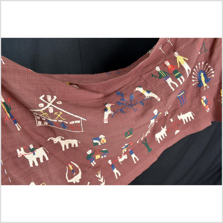 Plum brown cotton story quilt Naga tribal textile ethnic embroidered boho fabric Burma hill tribe tapestry Thailand India Hmong MP71