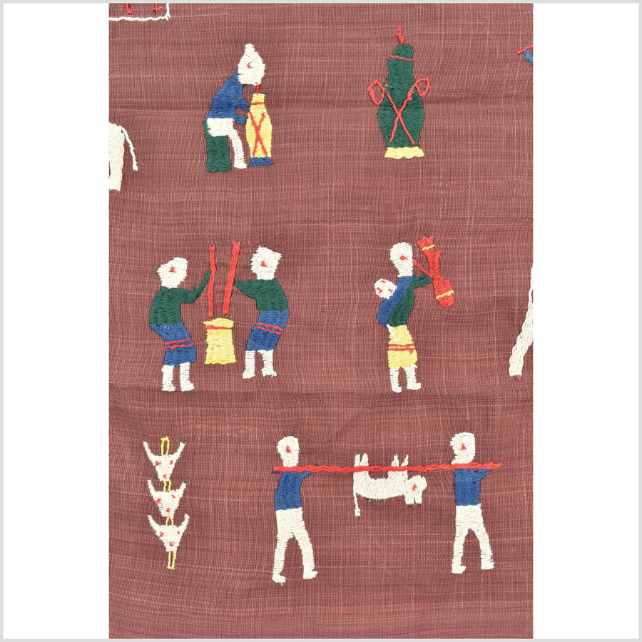 Plum brown cotton story quilt Naga tribal textile ethnic embroidered boho fabric Burma hill tribe tapestry Thailand India Hmong MP71