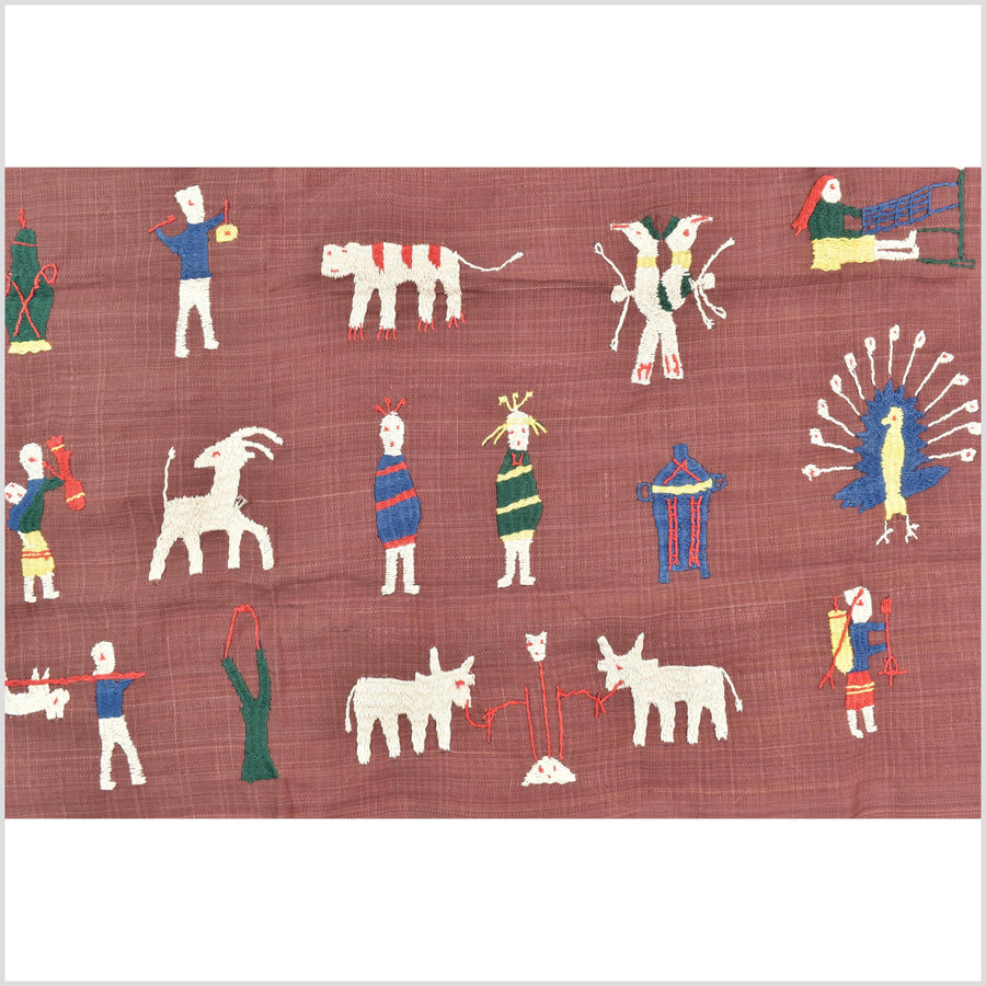 Plum brown cotton story quilt Naga tribal textile ethnic embroidered boho fabric Burma hill tribe tapestry Thailand India Hmong MP71